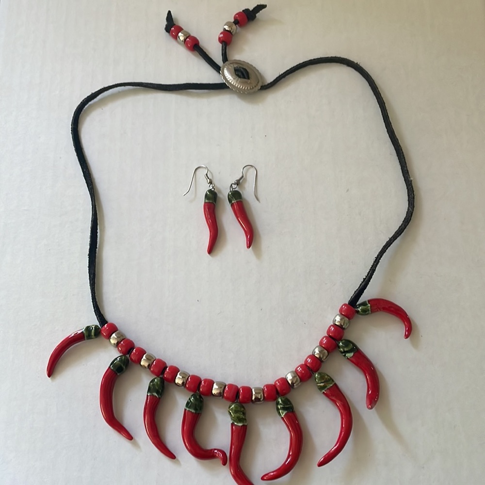 Ceramic Chili Pepper Necklace and Earrings